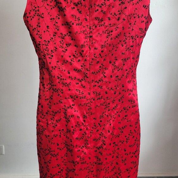 Dani Max 1990s Red Satin Chinese Flowers Flocked Velvet Slip Dress (Size: 8) - Picture 9 of 12